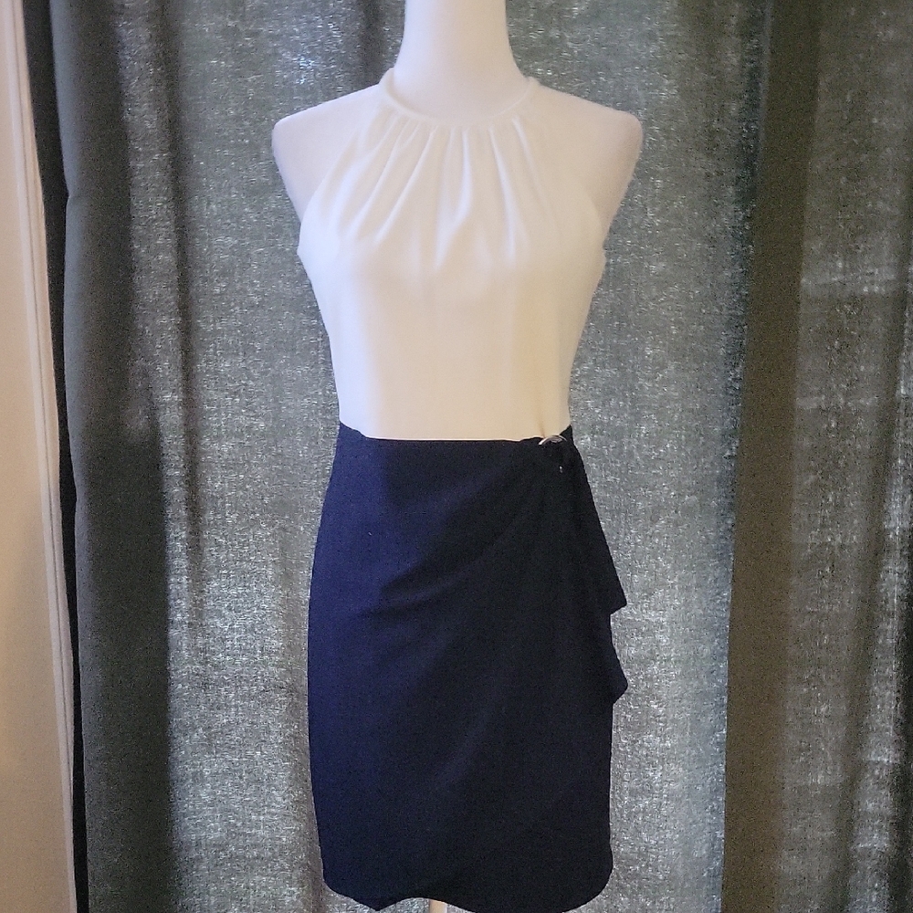 DKNY Navy/Cream Side Faux Wrap Halter Neck Sleeveless Dress Sz 2 $19